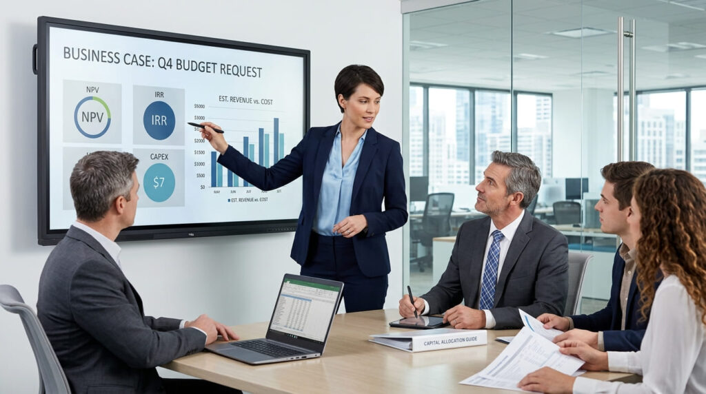 A female executive in a suit presenting a business case on a digital display board during a corporate meeting with colleagues in a modern glass office. The screen shows metrics including NPV, IRR, CAPEX, and an estimated revenue versus cost chart.
