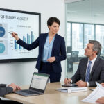 A female executive in a suit presenting a business case on a digital display board during a corporate meeting with colleagues in a modern glass office. The screen shows metrics including NPV, IRR, CAPEX, and an estimated revenue versus cost chart.