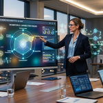 Corporate executive reviewing AI workforce skill audit matrix and governance framework.