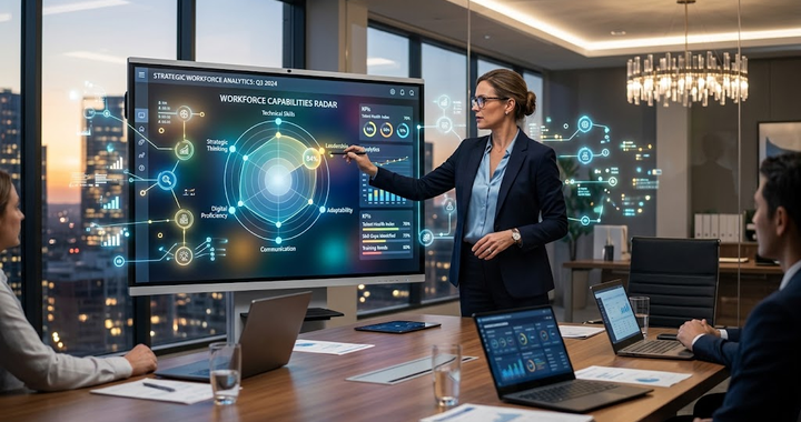 Corporate executive reviewing AI workforce skill audit matrix and governance framework.