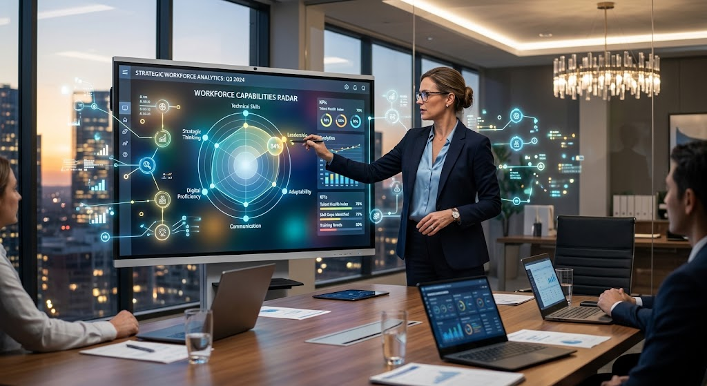 Corporate executive reviewing AI workforce skill audit matrix and governance framework.